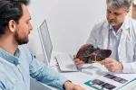 Modelo anatómico de hígado para explicar problemas hepáticos, como el cáncer Gastroenterólogo explica a un paciente afecciones hepáticas con un modelo de hígado