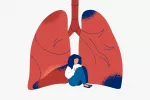 Concepto de enfermedades respiratorias crónicas Ilustración de una mujer con problemas respiratorios sentada con unos pulmones detrás