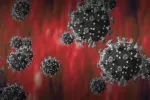 Nueva variante del coronavirus Imagen de células de covid 19 sobre fondo azul