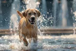Perro mojándose por el calor Perro corriendo por el agua para refrescarse