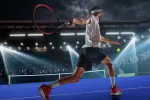 Tenista disputa un partido de tenis durante una competición Tenista profesional se dispone a lanzar la pelota durante un partido