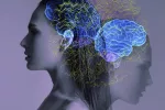 Ilustración de funciones cognitivas en el cerebro de una mujer con un trastorno mental Doble imagen de una mujer con ilustración de funciones cognitivas del cerebro