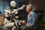 Robot cuida la salud de una anciana Un robot toma la temperatura a una anciana con termómetro digital