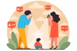 Concepto de oversharing, compartir en exceso la vida privada en redes sociales Ilustración de padres haciendo fotos a su hijo para las redes sociales