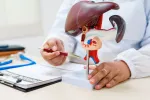 Doctor especialista en cáncer de hígado explica afecciones hepáticas con un modelo de hígado Médico hepatólogo examina un modelo de hígado