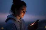 Mujer joven mira la pantalla de su smartphone al aire libre mientras anochece Una joven mira su smartphone al anochecer