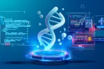 Investigación en laboratorio sobre el ADN Ilustración de digital de una cadena de ADN rodeada de pantallas con datos dinámicos para investigación genética