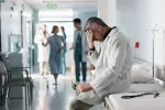 Profesional sanitario con gesto de abatimiento durante su jornada laboral Médico sentado sobre una camilla se toca la frente con gesto abatido