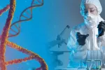 Científica investiga sobre enfermedades genéticas en su laboratorio Científica investiga sobre Ingeniería genética con moléculas de ADN en primer plano