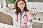 Joven doctora muestra caramelos y el pulgar hacia abajo Doctora sujeta un cuenco lleno de caramelos y hace un gesto de desacuerdo con el pulgar hacia abajo