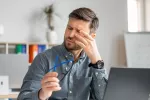 Hombre interrumpe su trabajo por dolor ocular Hombre frente a un portátil se frota un ojo con gesto de dolor