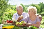 Una pareja mayor disponiéndose a comer fruta al aire libre
