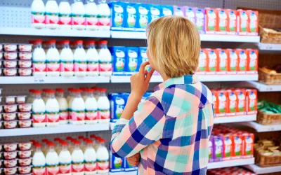 Mujer indecisa para comprar leche y lácteos