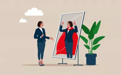 Claves para ganar confianza en uno mismo Ilustración de la confianza en sí mismo de mujer con capa al espejo