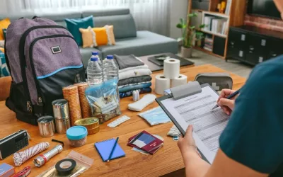 Mujer comprobando lista de alimentos de la mochila de emergencia