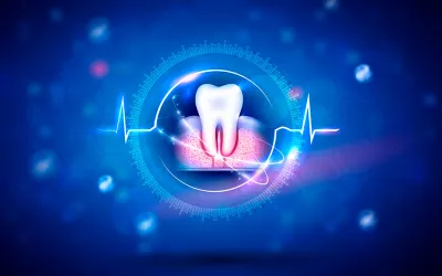 Infografía de un diente con la raíz y la encía inflamadas
