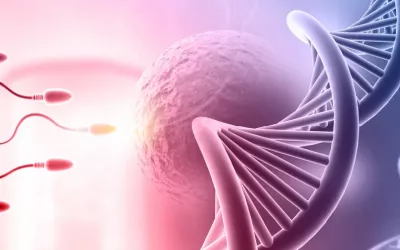 Ilustración de espermatozoides que se dirigen a un óvulo junto a una cadena de ADN