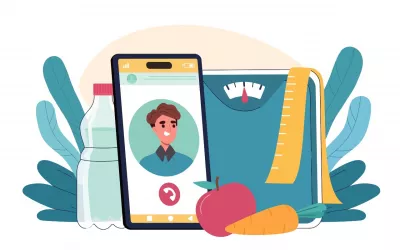 Curso de formación para ser nutricionista Ilustración de concepto de nutricionista en línea, con smartphone, una bácula, manzanas y botella de agua