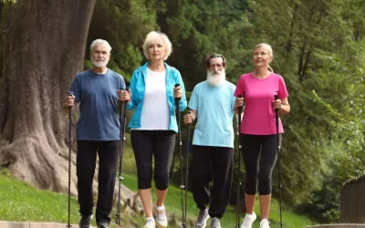 Dos mujeres y dos hombres mayores realizan una caminata al aire libre Grupo de personas mayores practica marcha nórdica en un bosque