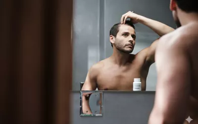 Hombre de mediana edad se mira preocupado en el espejo por la pérdida de cabello